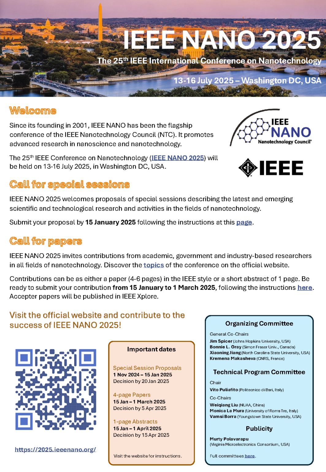Call for Special Sessions & Papers IEEE NANO 2025